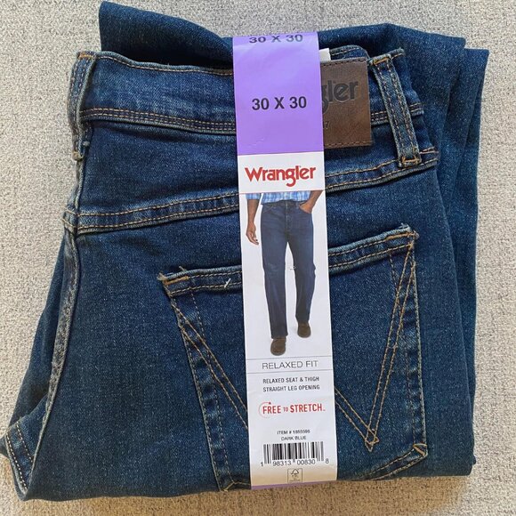 Men's Wrangler Relaxed Fit Straight Stretch Dark Blue Denim Jeans, 30, 34, 36 - Picture 7 of 8